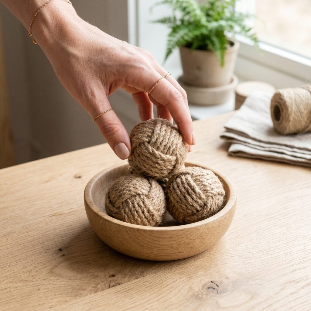 A single hand placing a finished jute twine crochet ball toy into a minimalist wooden bowl on the floor.