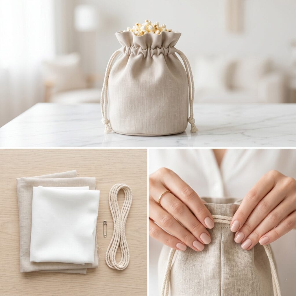 A 3-panel sewing step-by-step layout for a beige linen drawstring pouch, showing a manicured hand threading a white macrame cord through a fabric channel and the completed round-bottom pouch standing on a white marble surface.