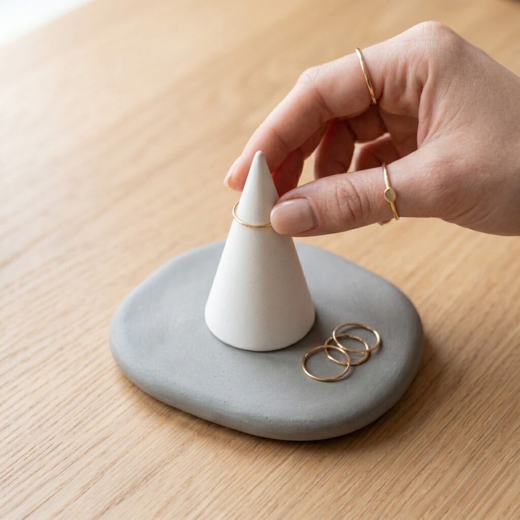A single hand sliding a gold ring onto a white clay cone seamlessly attached off-center to a gray pebble-shaped air dry clay pottery base.