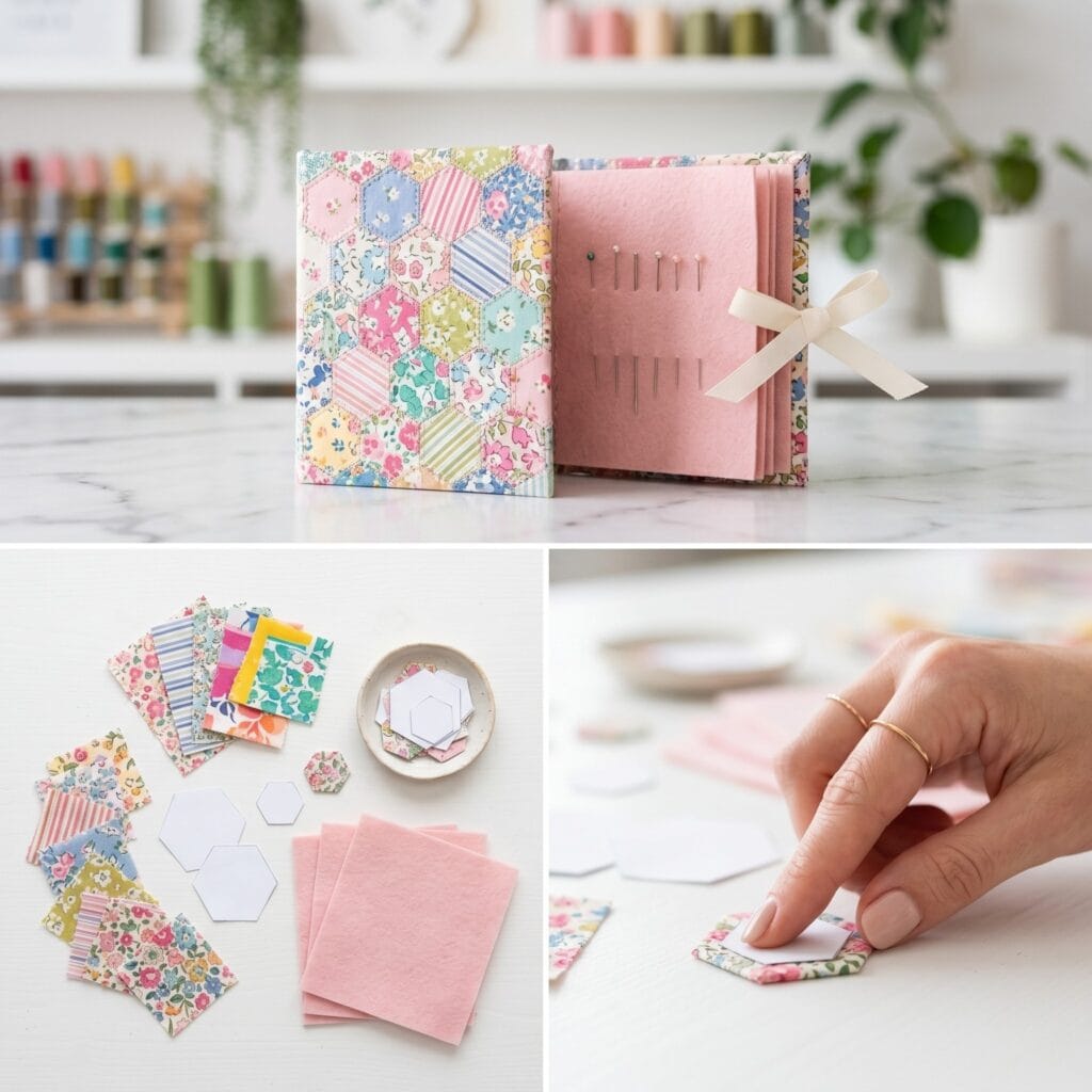 A 3-panel craft grid showing tiny floral fabric scraps and paper hexagon templates, an elegant hand pressing a fabric-wrapped hexagon, and the finished patchwork needle book standing open to reveal soft pink felt pages holding sewing needles.