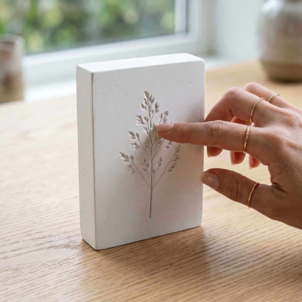 A close-up of a manicured hand tracing a deep, minimalist intaglio impression of a wild grass sprig on a smooth white plaster block.