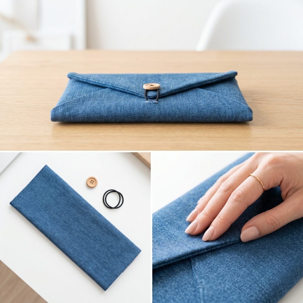 A 3-panel craft grid showing a long rectangular denim strip, a round wooden button, and an elegant hand with a gold ring pressing a crisp fold on the blue fabric, beside the completed envelope-style tri-fold clutch lying flat on a light oak table.