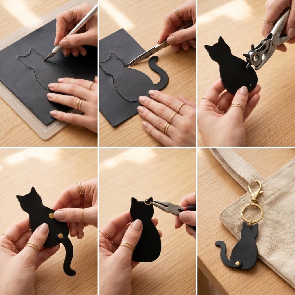 A 6-panel grid showing the process of making a black leather cat charm with a swinging pendulum tail using a brass rivet.