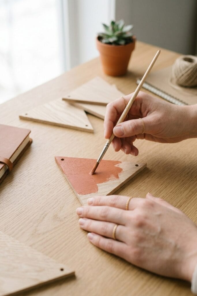 Female artisan hands painting a solid terracotta color onto a geometric wooden shape, demonstrating a simple boho easy painting for beginners idea.