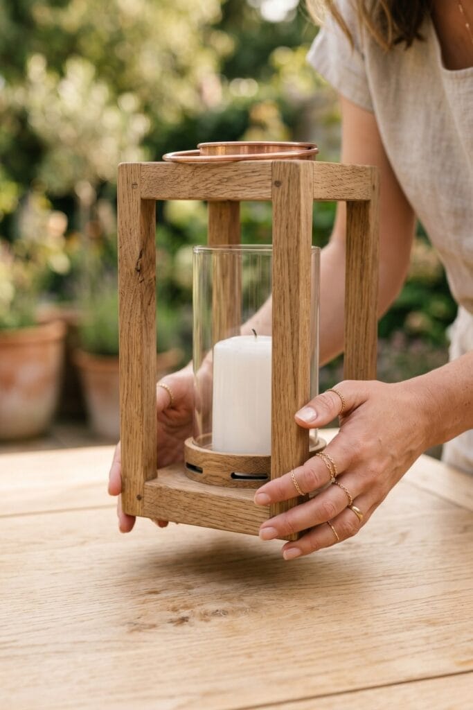 Female artisan hands holding a finished square outdoor lantern frame made of raw oak wood containing a glass candle holder on an outdoor patio table.