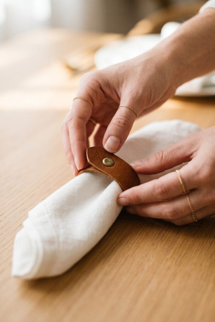 Female artisan hands adjusting a finished scrap leather napkin ring secured with a single brass rivet around a white linen napkin.