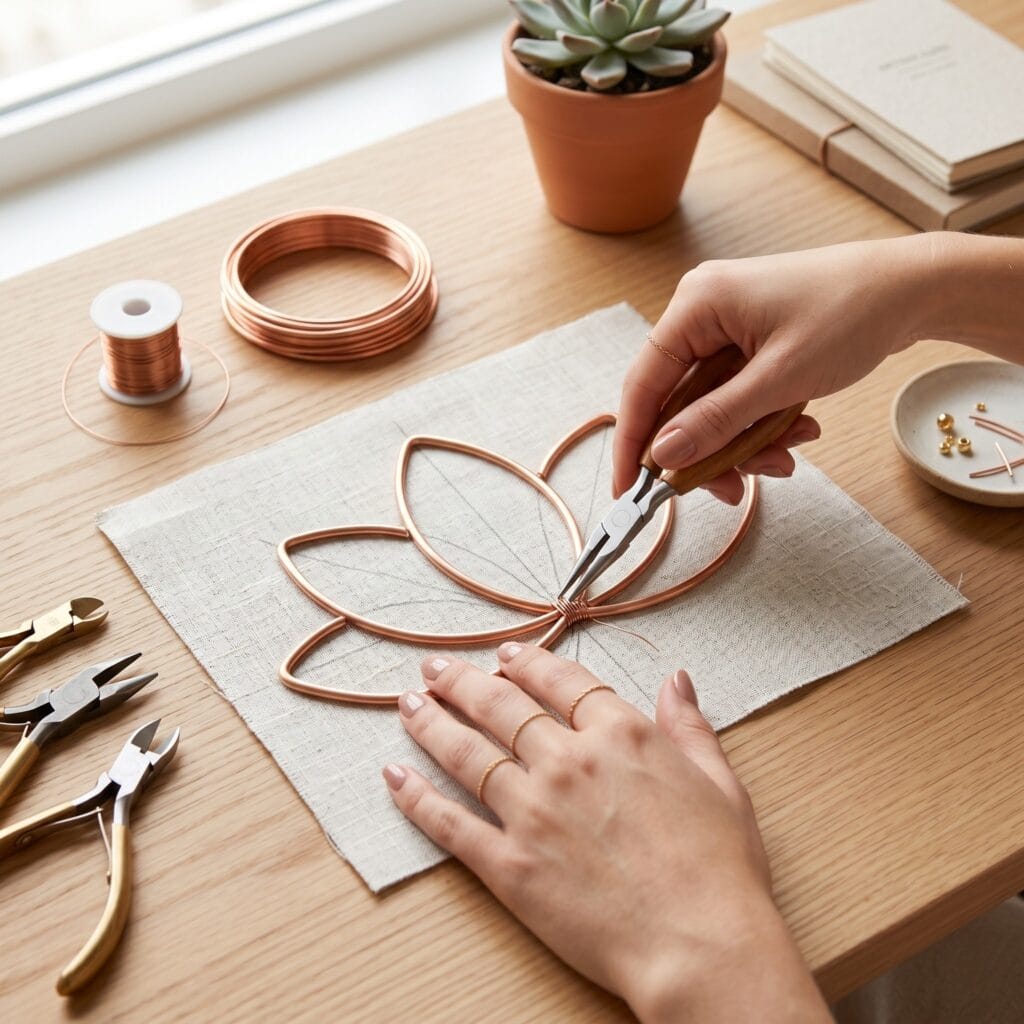 Copper wire and raw linen lotus wall art featuring elegant wire flower crafts