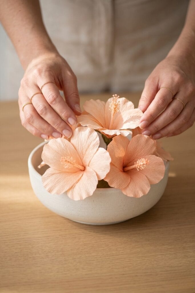 Female artisan hands adjusting a finished arrangement of soft peach crepe paper hibiscus flowers sitting in a low, matte minimalist ceramic bowl centerpiece.