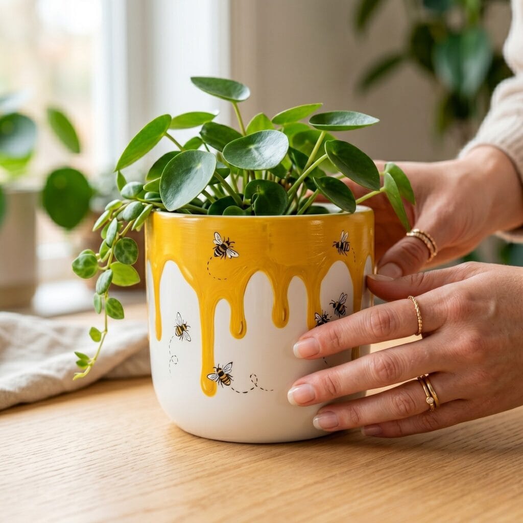 A smooth white ceramic indoor planter pot hand painted with a flat illustration of vibrant mustard yellow dripping honey and tiny flying honey bees