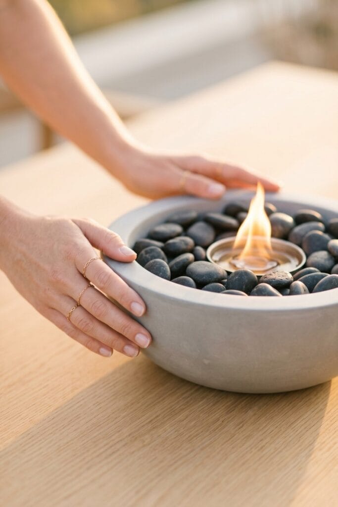 Female artisan hands adjusting dark river stones inside a finished, modern shallow cement fire bowl with a small flame on an outdoor table. Beautiful DIY outdoor decor for minimalist balconies