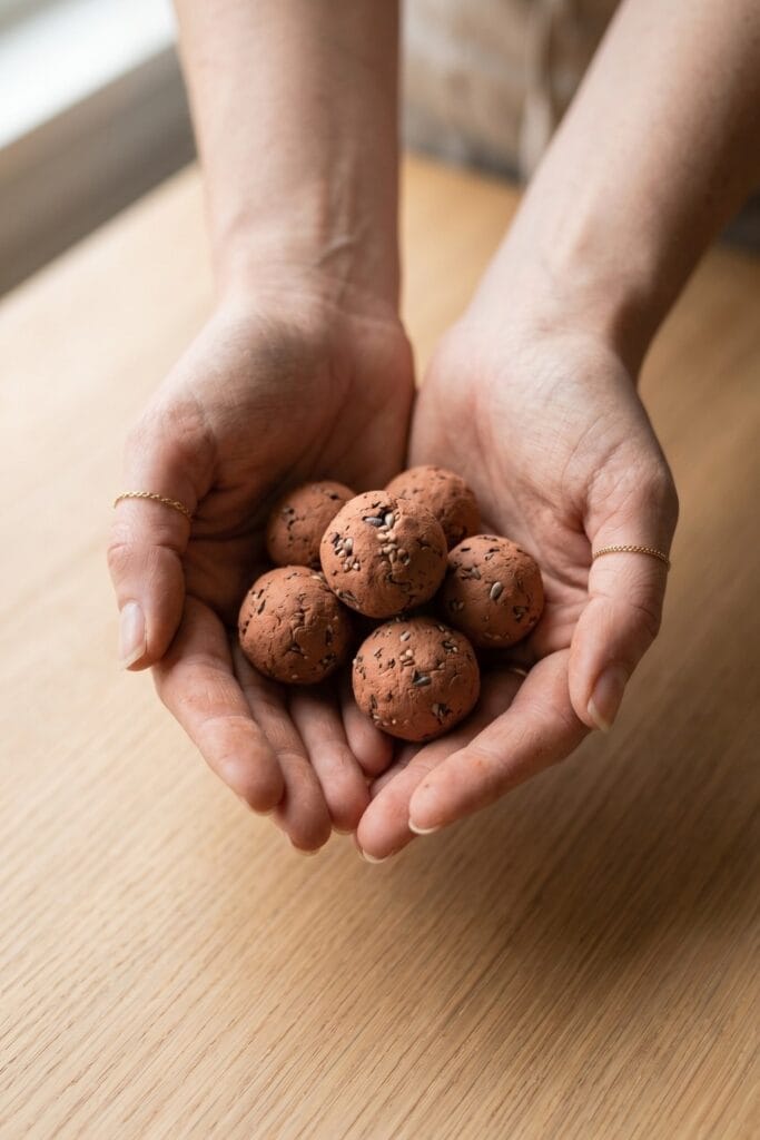 Female artisan hands holding a cluster of fully dried, earthy terracotta clay seed bombs, a perfect natural spring daycare crafts project for kids.