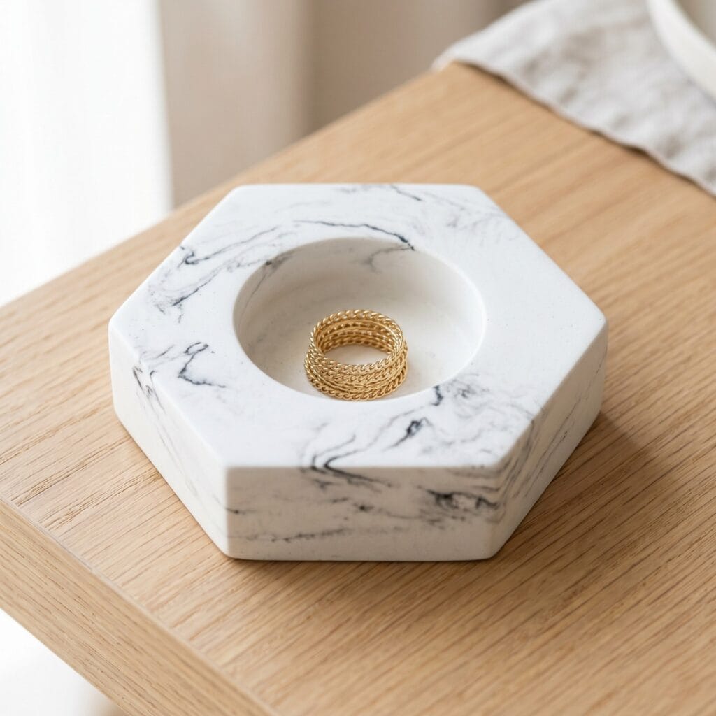 A single perfectly square photo of a hexagonal white cement jewelry dish with subtle black marble swirls and a defined central well. It rests on a light oak wood table, holding a stack of delicate gold chain rings inside. Soft, natural diffused lighting. Elegant and clean aesthetic.