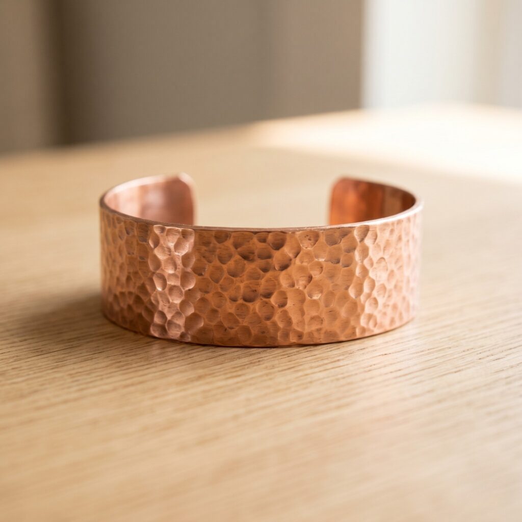 A perfectly square photo of a thick, hammered copper cuff bracelet (crafted from a flat strip) on a light oak wood table. The dimpled wabi-sabi texture catches the soft natural sunlight. Earthy aesthetic.
