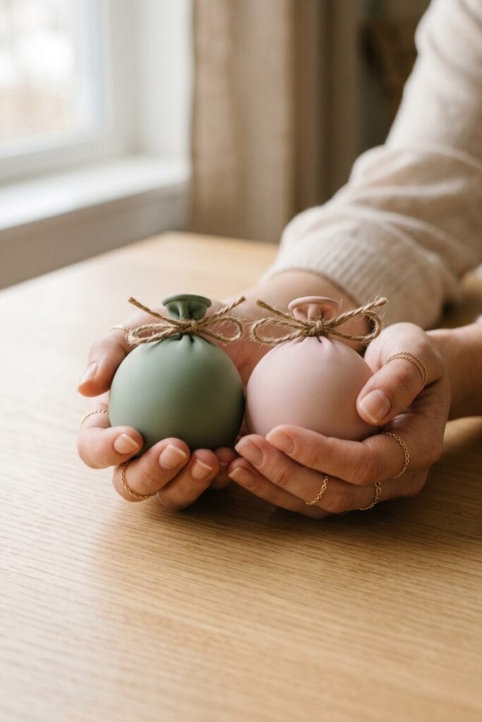 Close-up of female artisan hands holding a pair of completed matte pastel balloon stress balls (sage green and blush pink) filled with flour and neatly tied with natural jute twine.