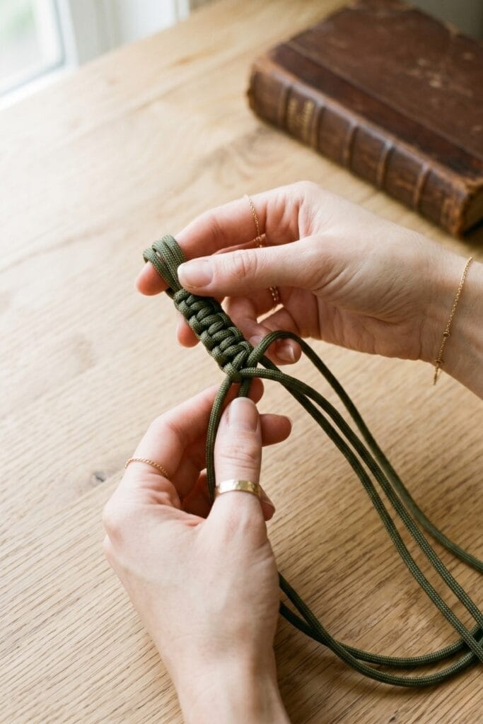 Female artisan hands braiding olive green tactical paracord for Father's Day crafts.