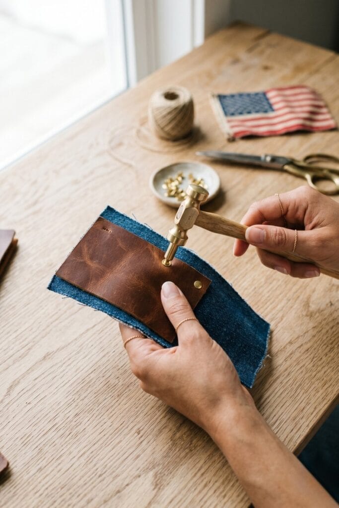 Female artisan hands combining recycled denim and leather for 4th of July crafts.