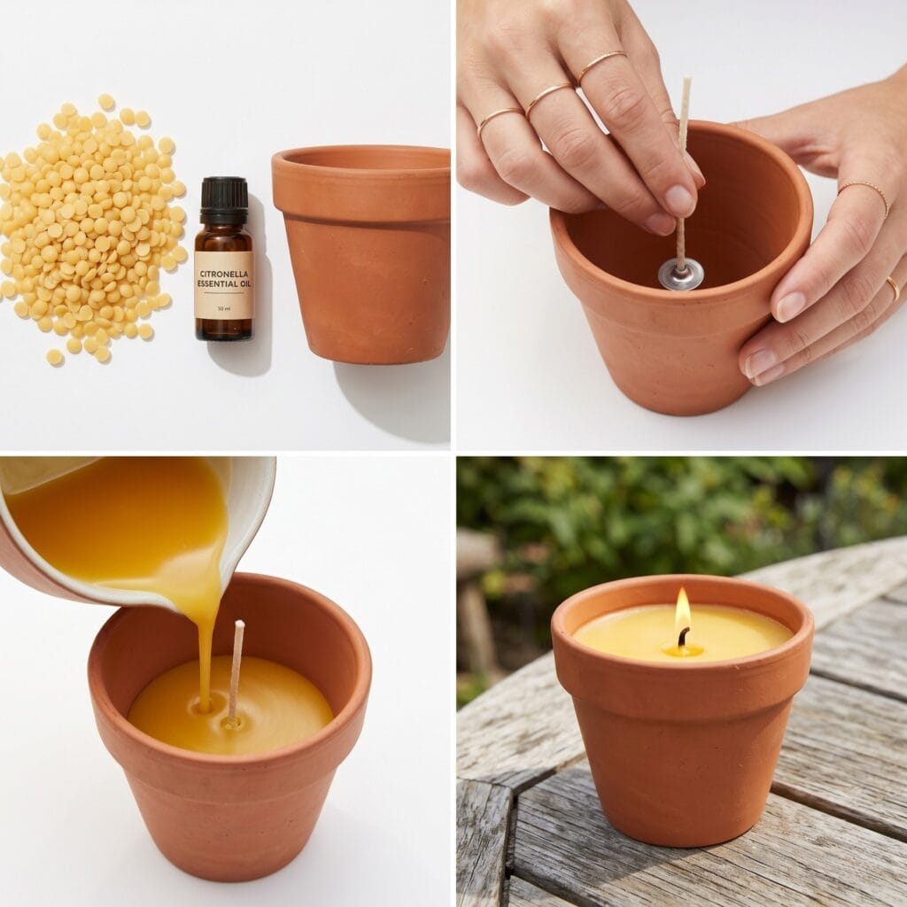 A perfectly square 1:1 photo grid tutorial showing the step-by-step DIY process of pouring a natural beeswax citronella candle into a terracotta pot.