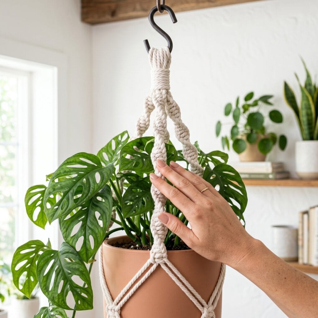 A thick twisted natural white cotton cord macrame plant hanger in a spiral knot pattern holding a large Monstera plant.