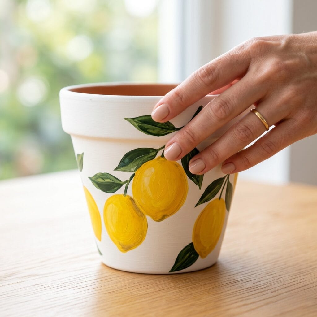 A bright Mediterranean style hand painted terracotta pot with a matte white base and vibrant yellow lemons with dark green leaves.