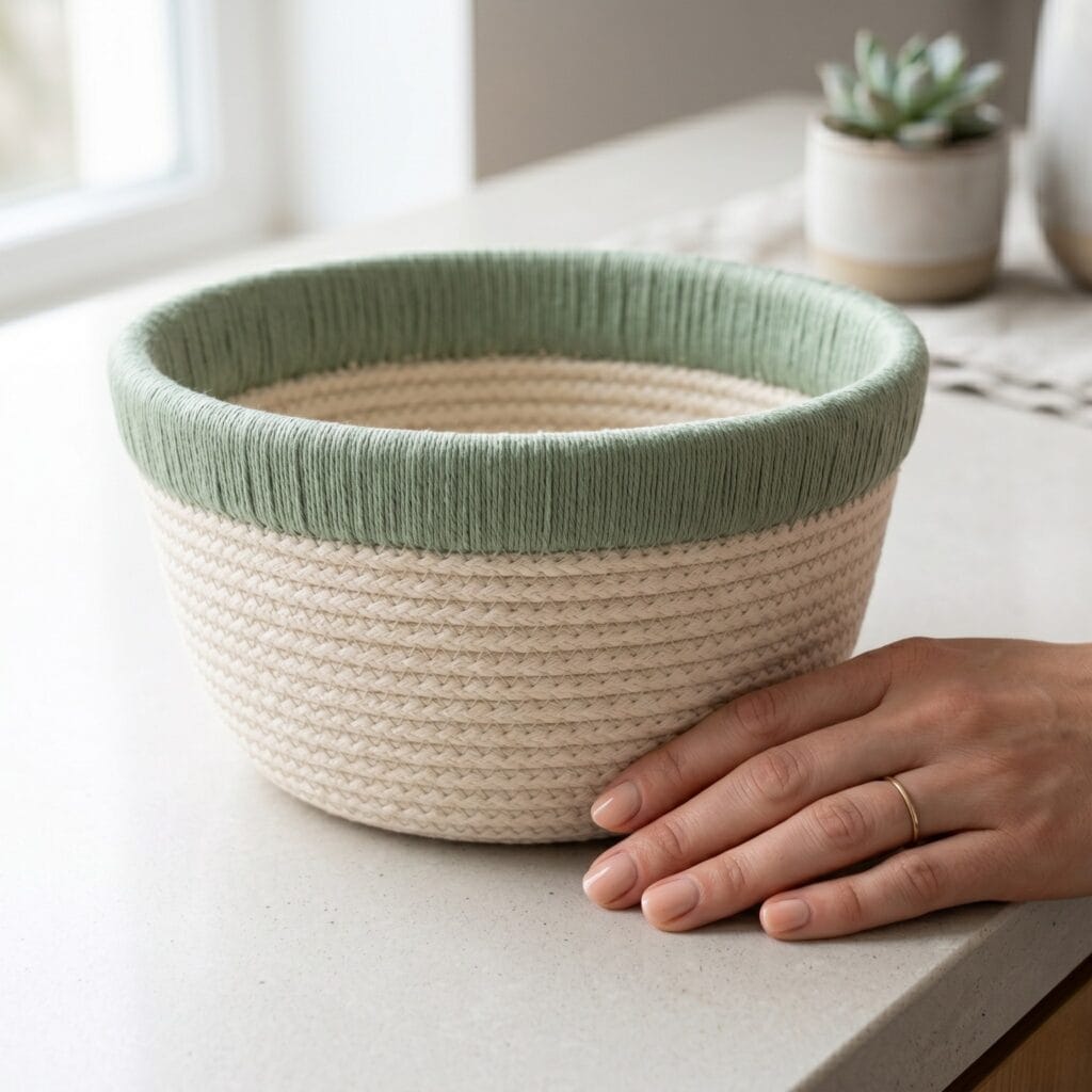 A coiled cotton rope basket featuring a clean sage green thread wrapped top rim on a studio counter.