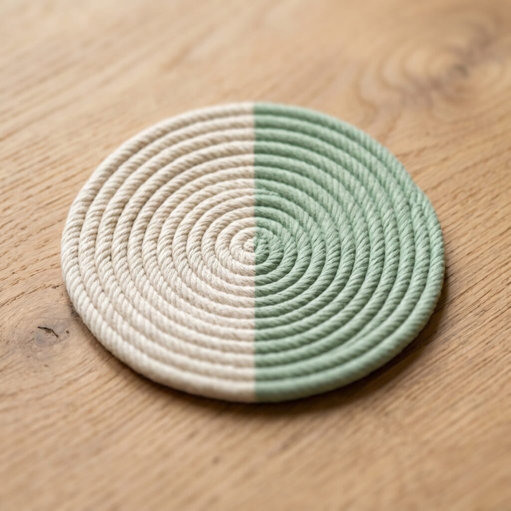 A round spiral coated rope coaster craft with modern pastel color blocks on a bright studio table.
