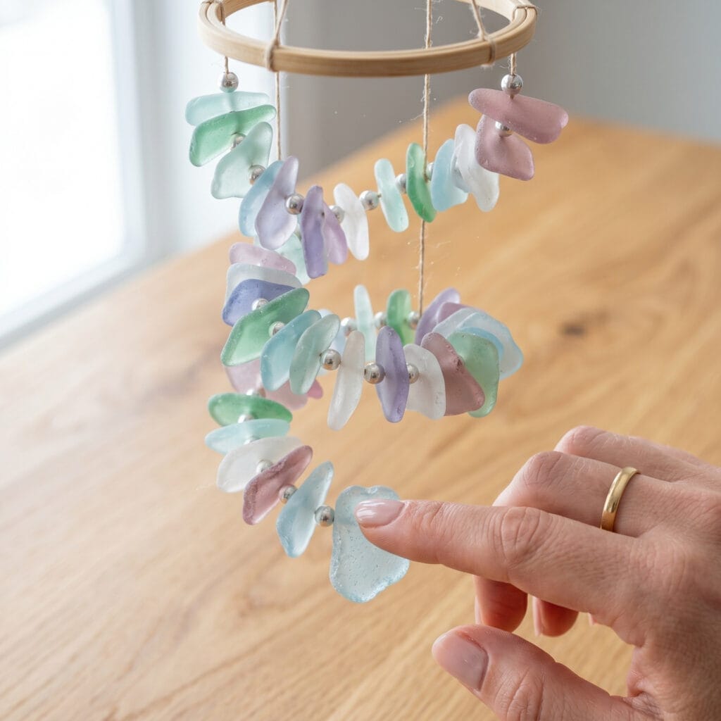 A beautiful spiral helix sea glass wind chime hanging from a circular wooden embroidery hoop.