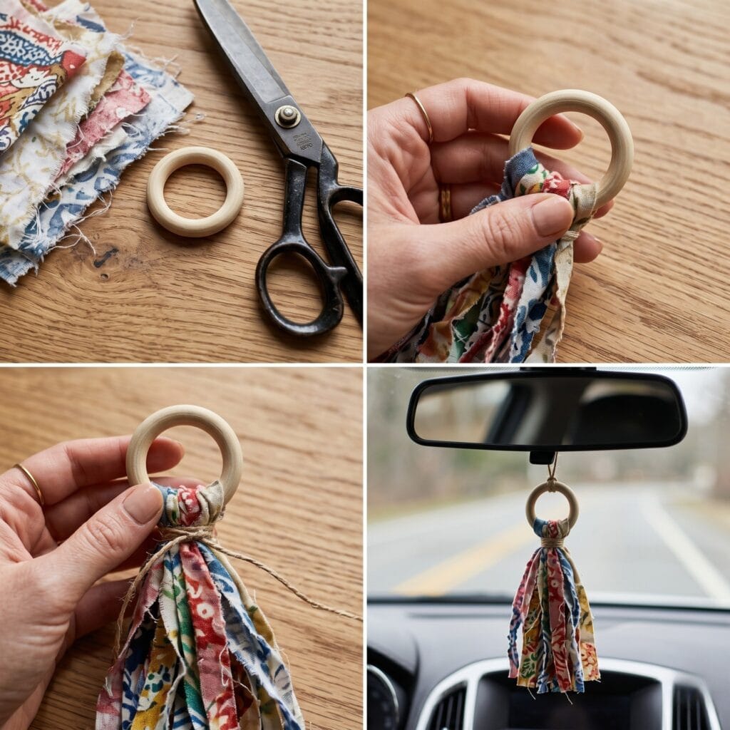 A 3-panel craft collage demonstrating how to make fabric tassel DIY car charms, from raw patterned cotton strips and a wooden ring to the finished rustic tassel inside a car.