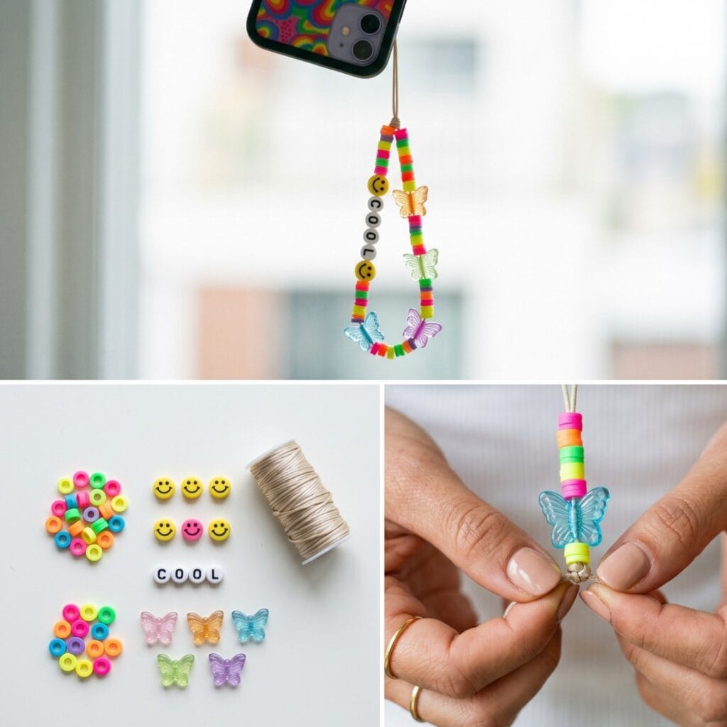 A 3-panel DIY jewelry layout showcasing a colorful Y2K phone strap with neon beads, smiley faces, and a translucent butterfly charm being knotted by hand over a clean crafting workspace.