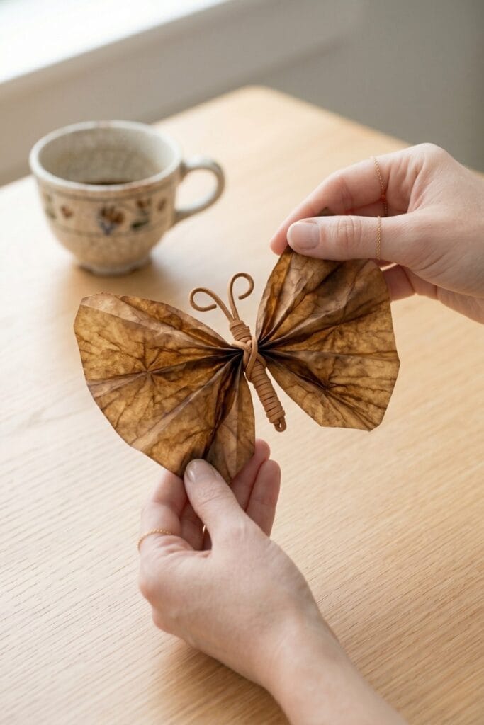 Close-up of female artisan hands handling deeply sepia-stained, dry coffee filters resting on a light oak wood table.