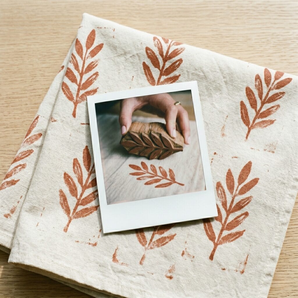 A rustic flour sack towel featuring an abstract botanical branch design stamped with textured warm terracotta fabric ink showing beautiful artisan imperfections on a wooden surface