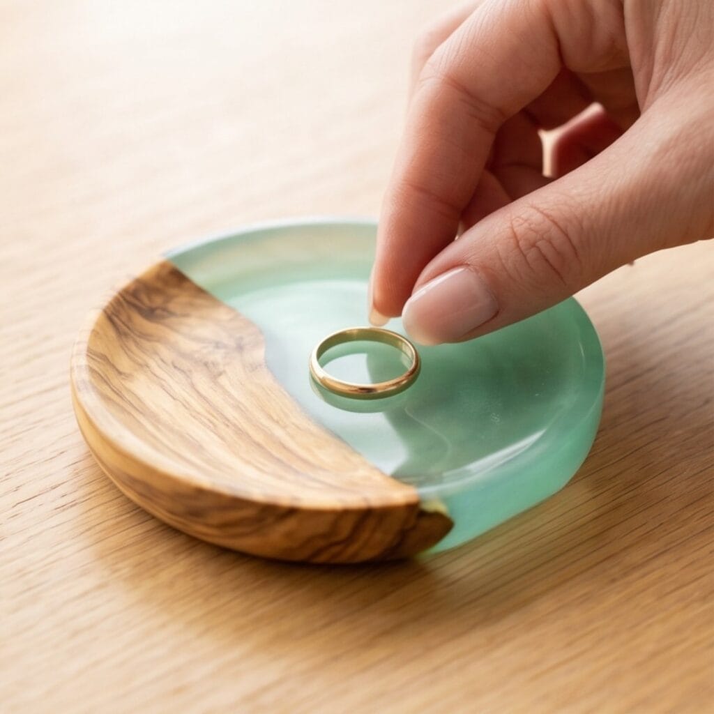 A manicured hand placing a gold ring into a finished raw wood and seafoam green resin ring dish.