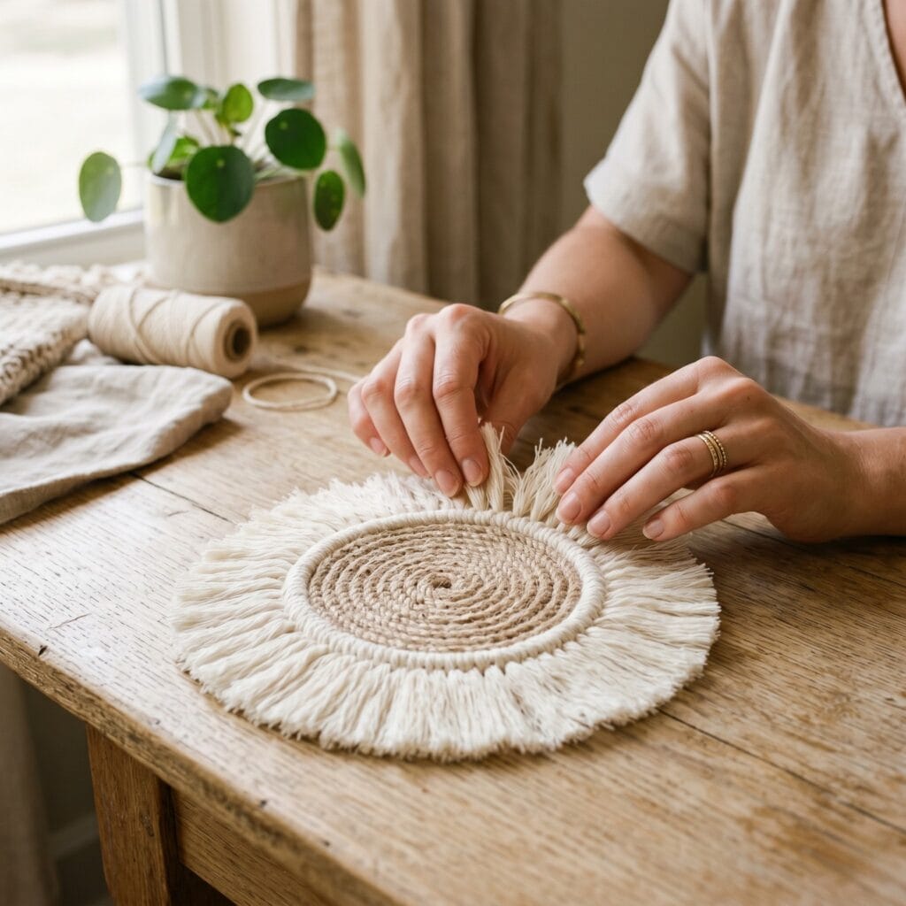 A boho style coaster with a coiled jute center surrounded by a wide layer of fluffy combed cream cotton macrame fringe