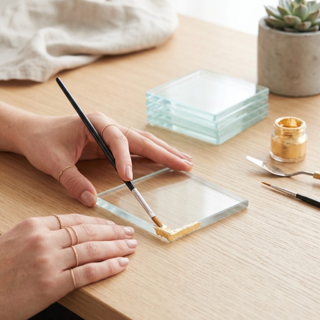 Delicate application of liquid gold leaf onto the edges of glass coasters for luxurious Glass Painting and Decoration.