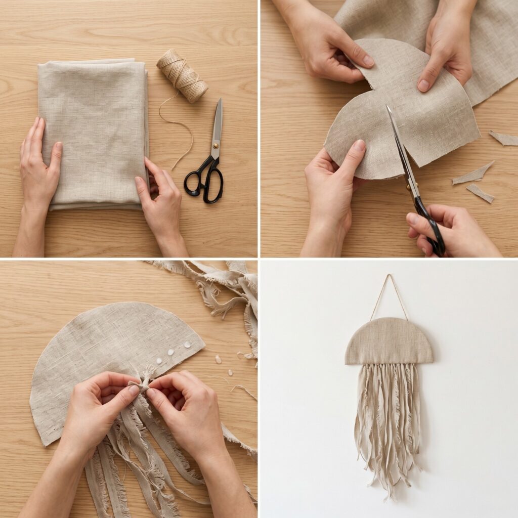 A step-by-step 2x2 photo grid tutorial showing how to make an abstract fringed linen jellyfish wall hanging.