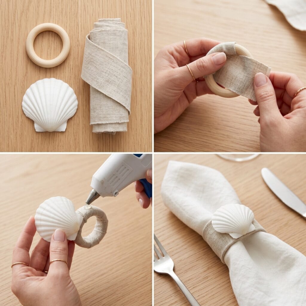 A step-by-step 2x2 photo grid tutorial showing the DIY process of creating elegant linen napkin rings with white scallop shells.