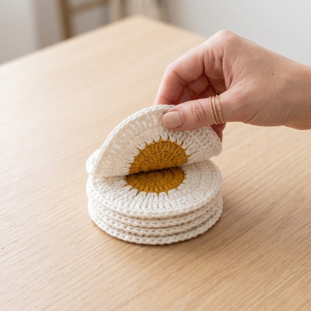 Manicured hands lifting a finished, flat cotton daisy disc coaster from a tidy stack.