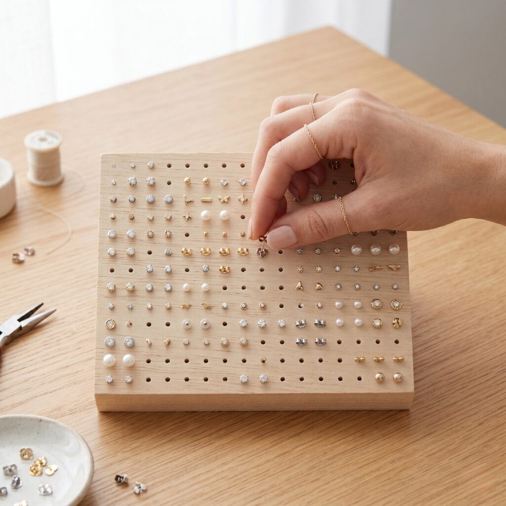 Manicured hands placing a stud earring with backing visible into a raw wood stud block stand for jewelry organization.