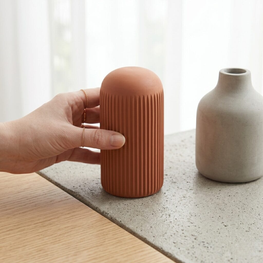 A manicured hand positioning a finished, matte-textured terracotta ribbed column figurine on a clean concrete entry bench.