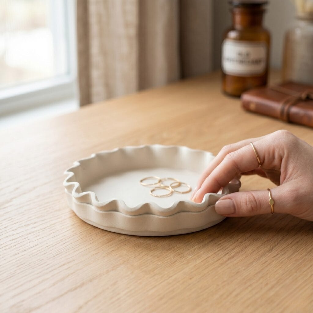 A manicured hand resting near the wavy, scalloped ribbon edge of a cream-white handmade air dry clay pottery jewelry dish on an oak table.