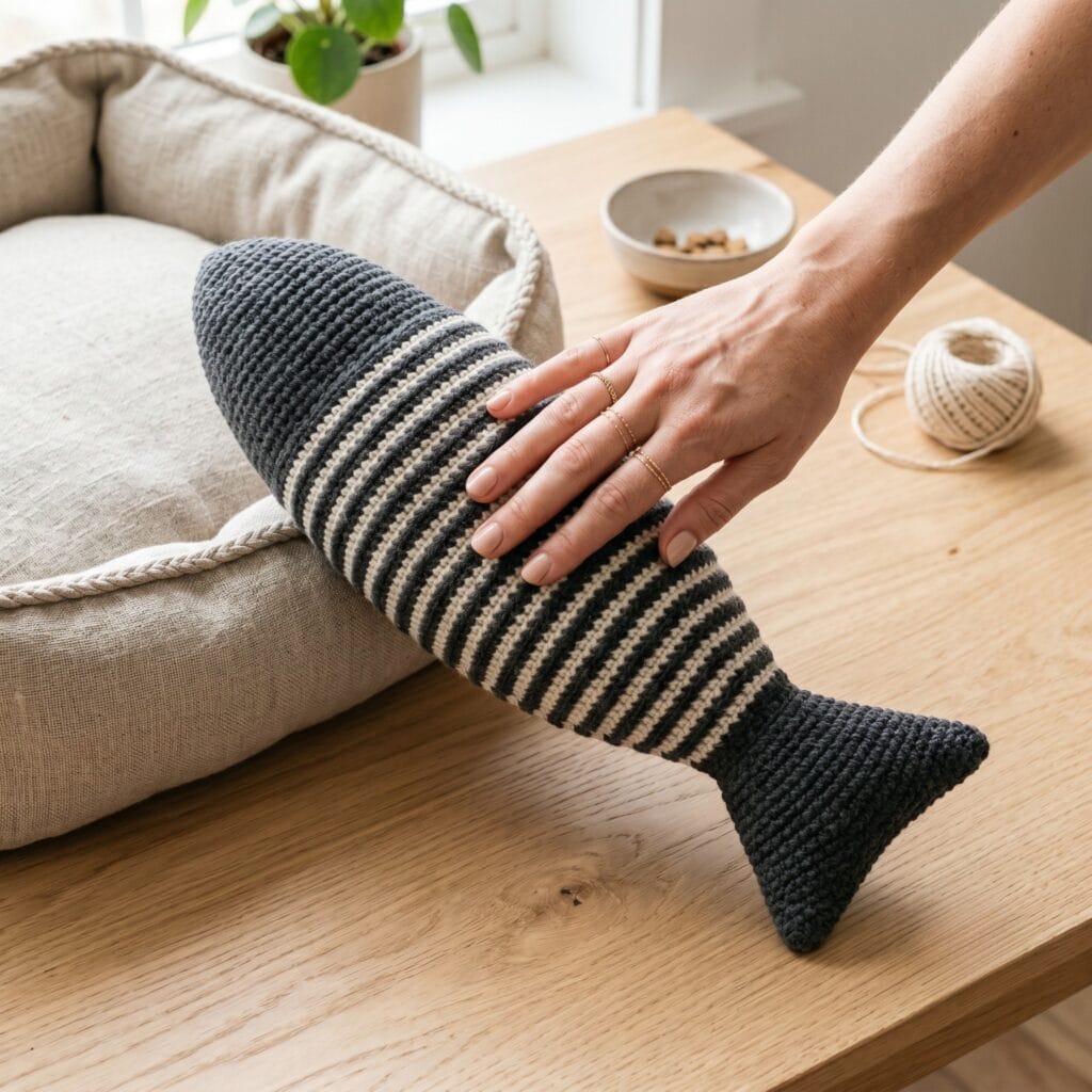 Hands touching a finished charcoal and cream striped ribbed crochet fish kicker pillow next to a cat bed.