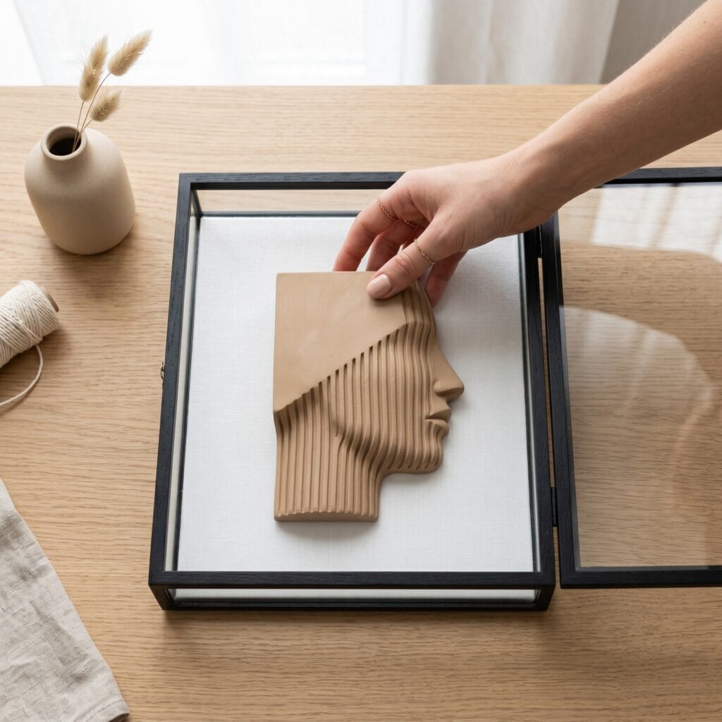 A single hand displaying a sleek tan polymer clay half-face sculpture with ribbed jawline details inside a glass shadowbox.