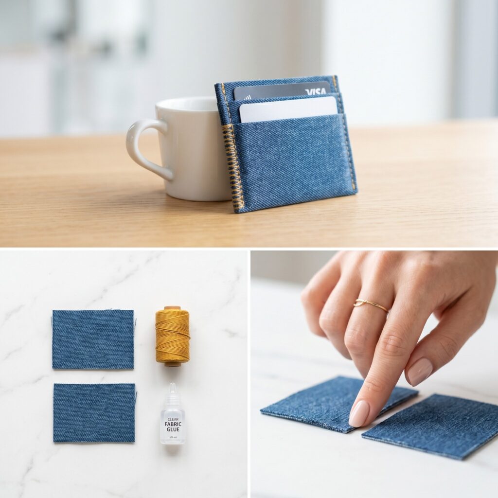 A 3-panel step-by-step layout showing two small denim rectangles, mustard-yellow topstitching thread, and a single manicured finger pressing the denim edges, beside the finished slim card sleeve holding bank cards while leaning gently against a white ceramic mug.