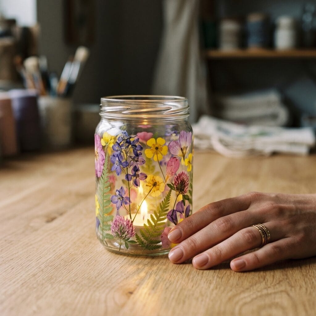 A glowing upcycled glass jar luminary decoupaged with delicate pressed wildflower petals, resting on an oak table near a manicured hand.