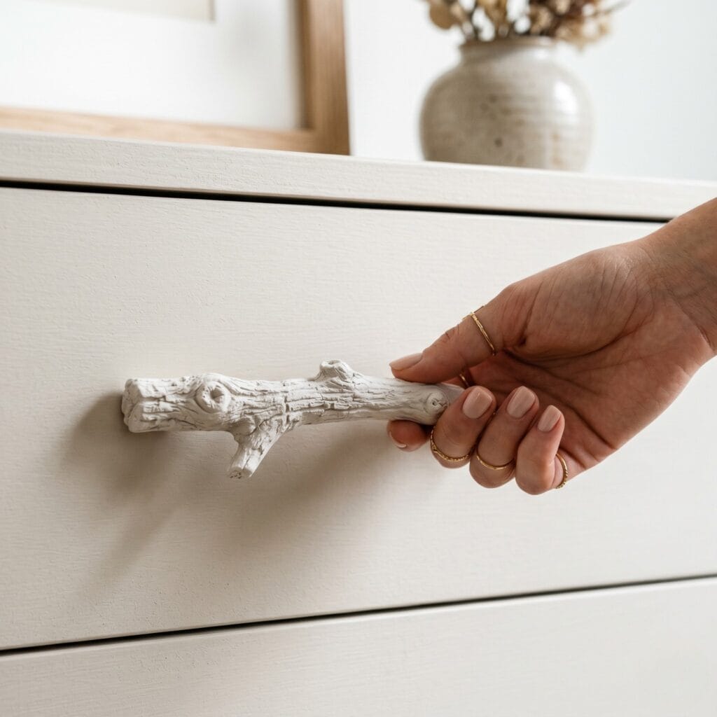 A manicured hand gripping a textured white plaster drawer pull cast from an oak twig and mounted on a matte linen furniture drawer.