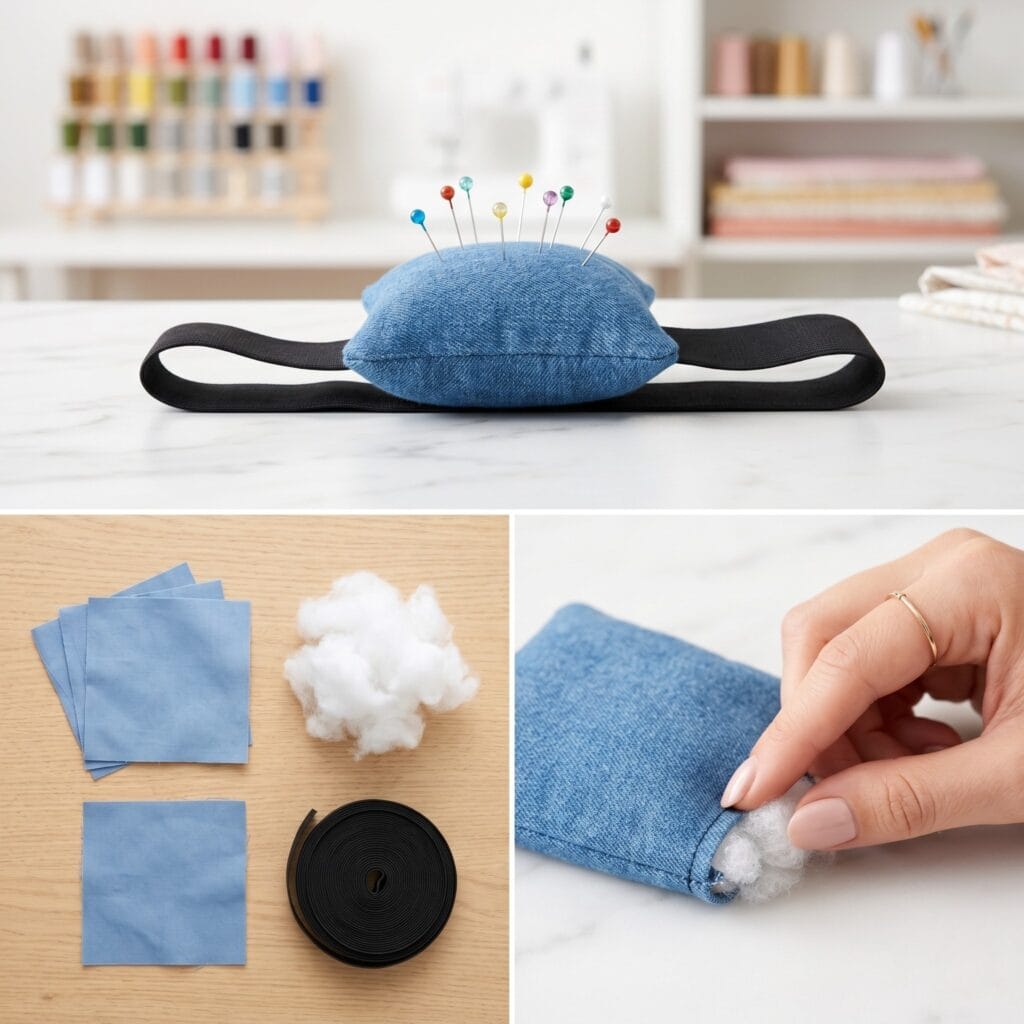 A 3-panel layout showing square blue fabric scraps and white stuffing, a single finger pushing fiberfill into the fabric, and a finished fluffy blue pin cushion attached to a wide black elastic wristband holding colorful pins.