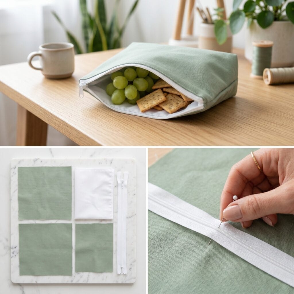 A 3-panel flat lay tutorial showing sage green canvas pieces, a white zipper, and a manicured hand with a gold ring pinning the zipper tape, alongside the final horizontal pocket filled with fresh green grapes and square crackers.