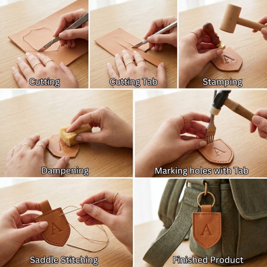 DIY tutorial panels showing vegetable-tanned leather shield stamping with an A monogram and traditional saddle stitching.