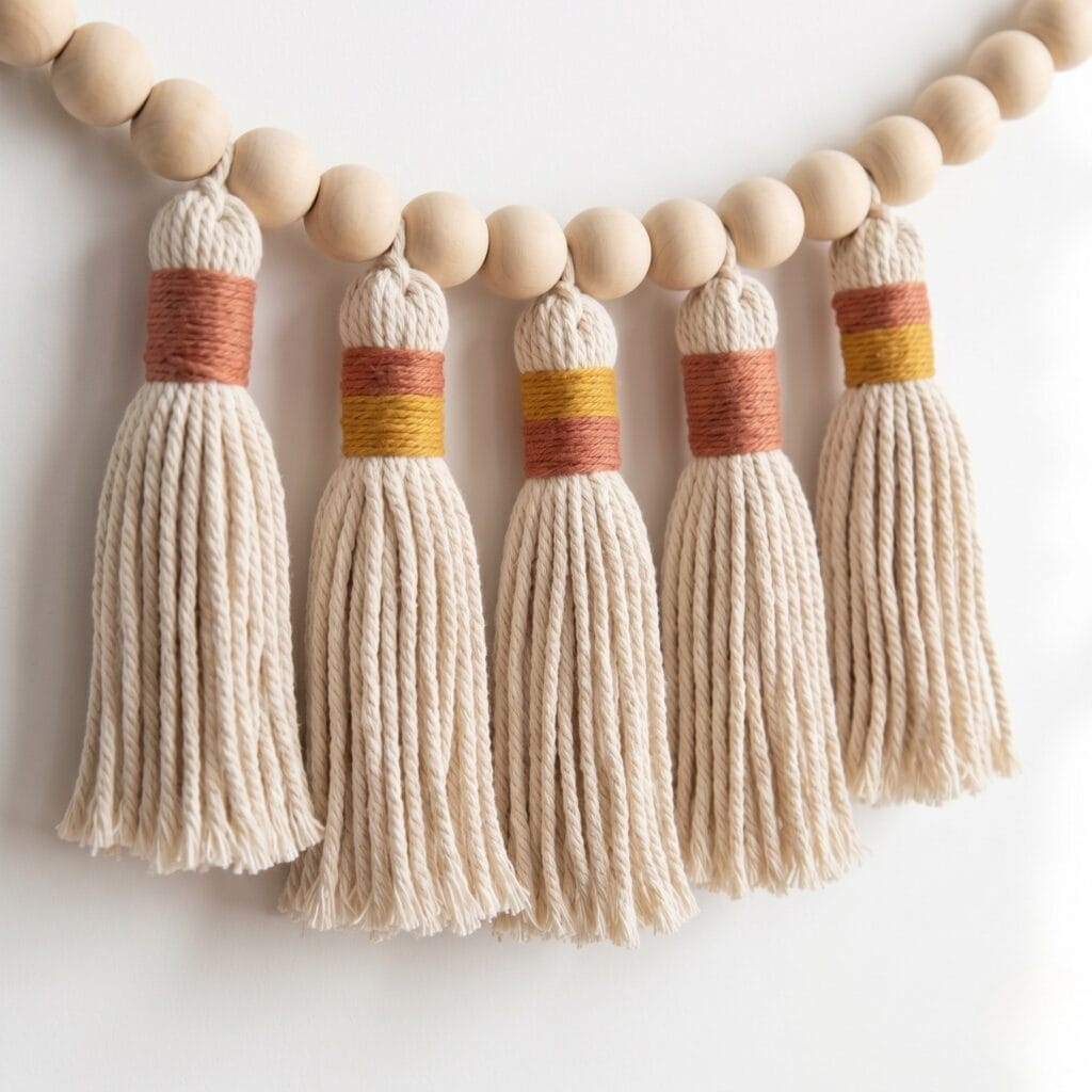 A beautiful bohemian style wrapped rope tassel garland hanging on a clean white studio wall.