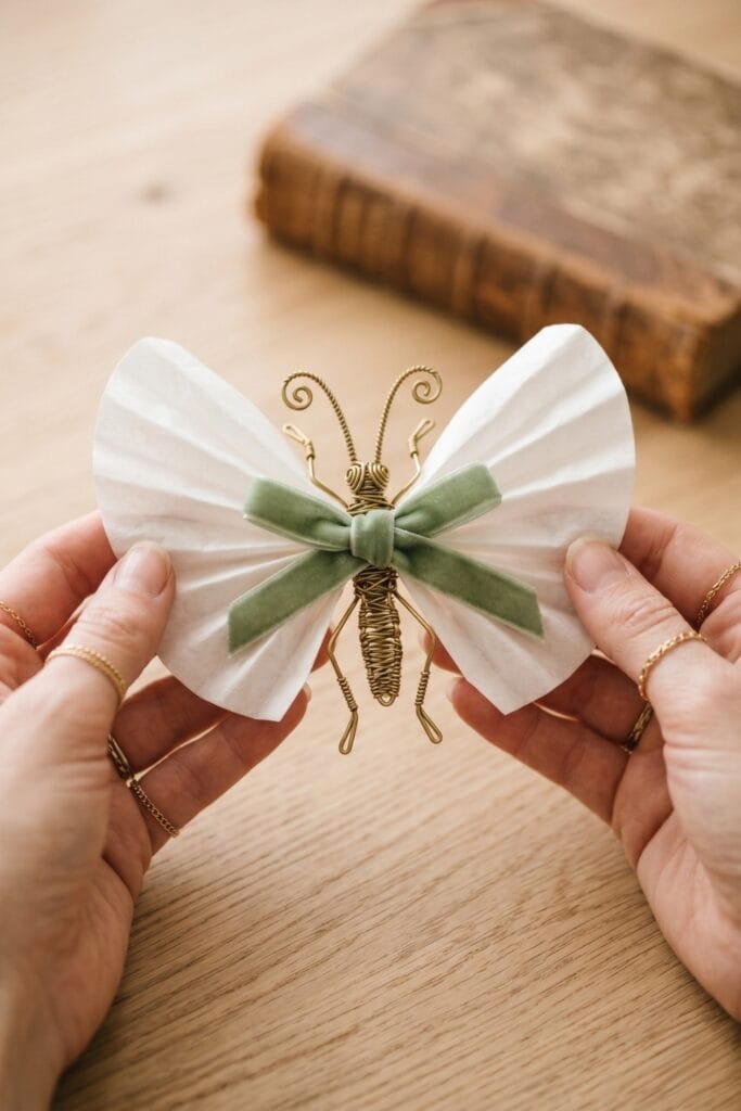 Female artisan hands with gold chain rings meticulously wrapping thin brass wire and a sage green velvet ribbon around the center of a white coffee filter butterfly.