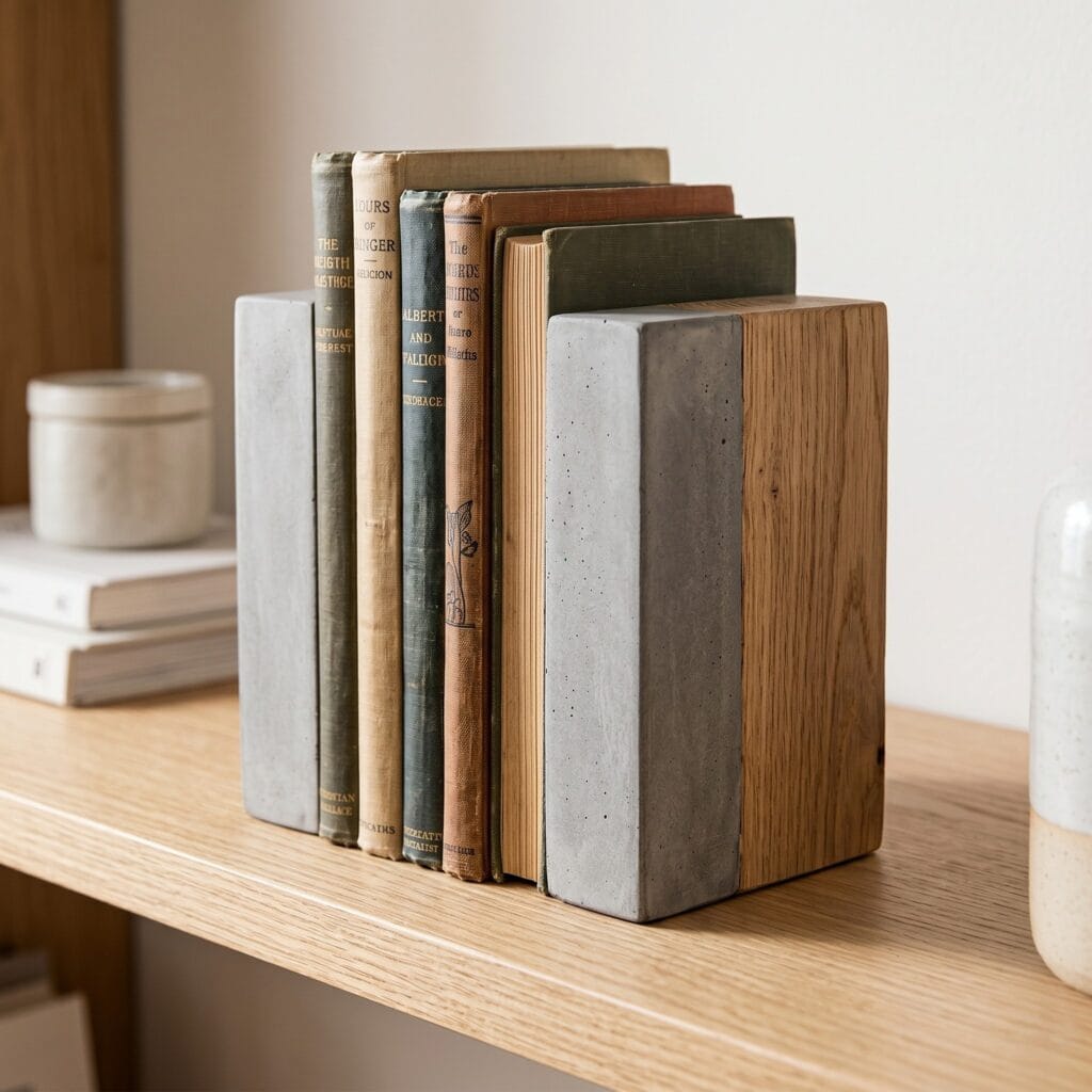A single perfectly square photo showing a heavy two-tone grey cement and natural raw oak wood bookend. It is propping up a few aesthetic vintage books on a light oak wooden shelf. Soft natural window light. Modern wabi-sabi interior decor style.